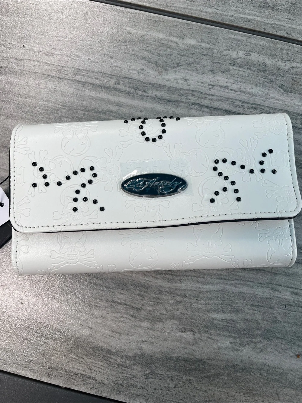 Ed Hardy White Embossed Wallet with Black Stud Accents & Logo Plaque with Skulls